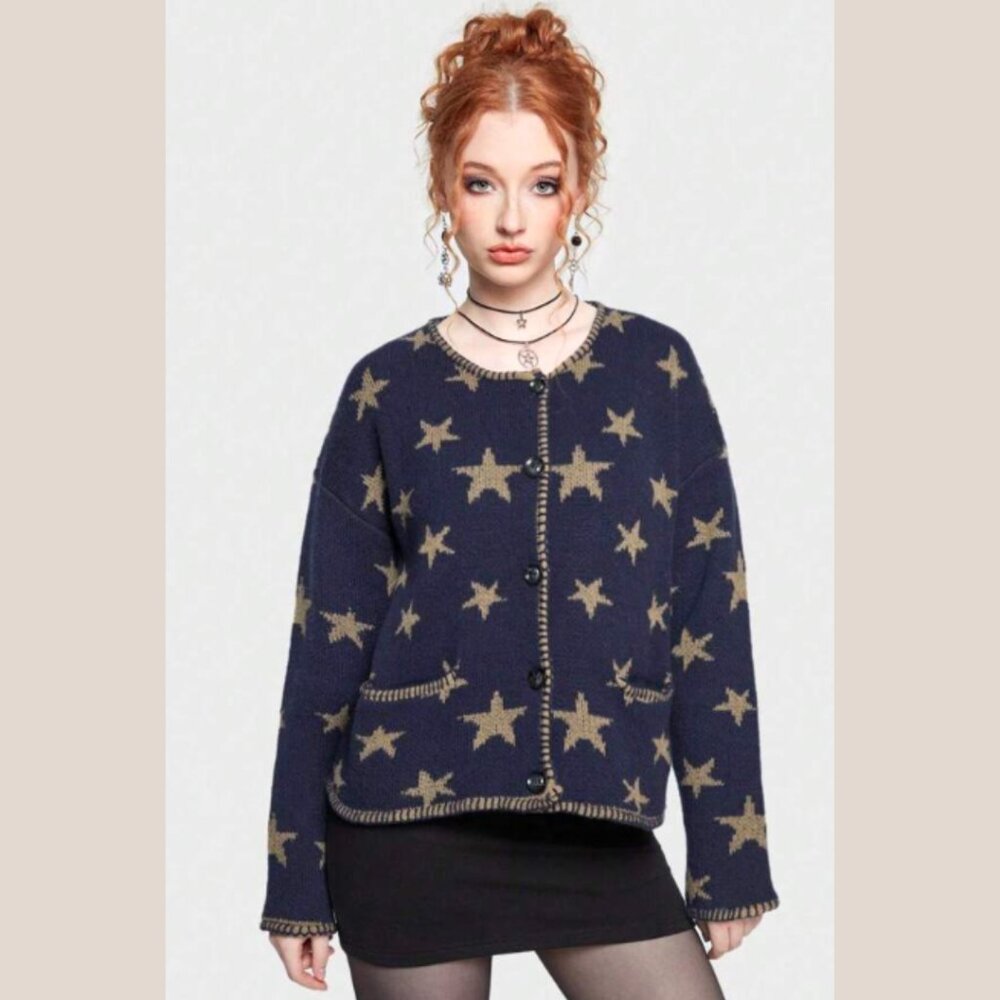 Romwe Hippie Star Pattern Navy Drop Shoulder Cardigan Medium
